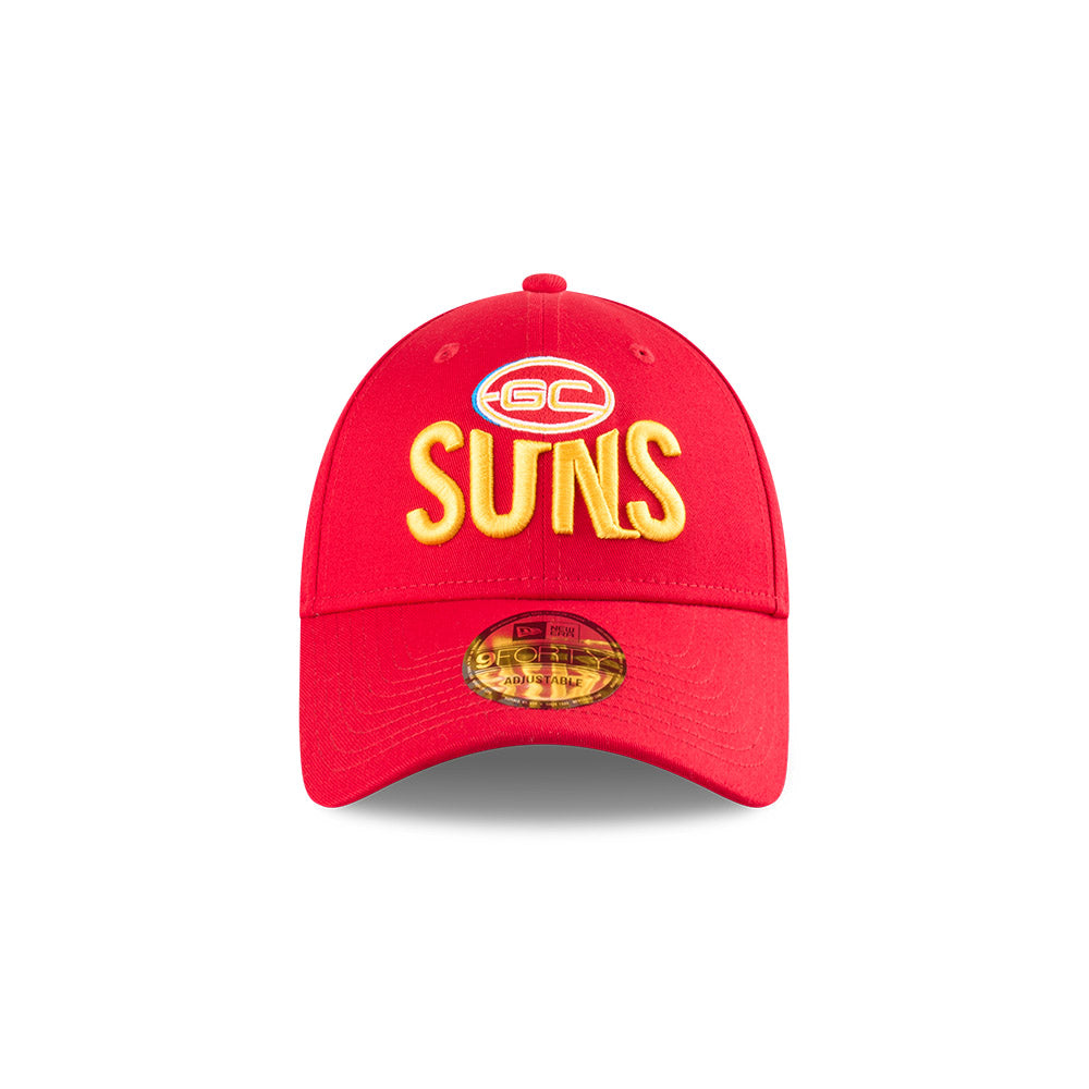 Gold Coast Suns Youth Hat - AFL 2025 Badged Red OTC 9Forty Kids Strapback Cap - New Era